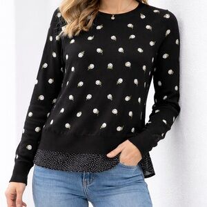LOFT Black Crewneck Sweater with White Floral Dot Accents